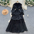 French high-end women's dress - autumn  collection: tie-waist, lantern sleeve, elegant, flowy, and floor-length maxi dress