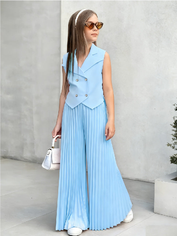 new european and american style girls' sleeveless blazer top + wide-leg pants set - european & american cross-border kids' outfit
