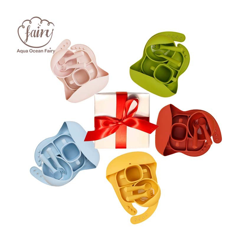 Children's food-grade silicone tableware set, baby separation plate, saliva pocket, complementary food bowl, six-piece tableware set