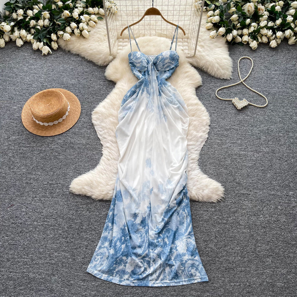 Blue and white porcelain style suspender printingdress women's summer asymmetricalsense of design pinch waistelegant long skirtwork clothing outfit