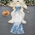 Blue and white porcelain style suspender printingdress women's summer asymmetricalsense of design pinch waistelegant long skirtwork clothing outfit