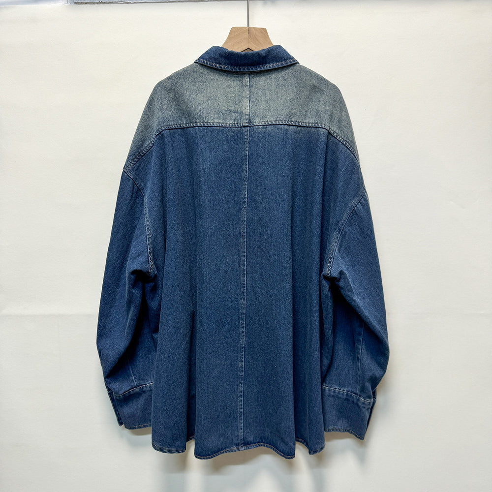 Export spring & fall lapel sense of design metal buckle retro gradient color washed looselong sleeves denim shirt shirt for women