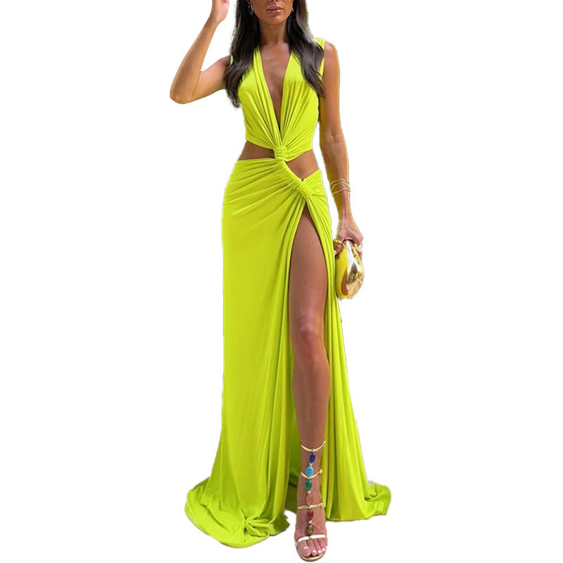 cross-border e-commerce women's fashion: european and american summer new arrivals - sexy solid color cutout knot slit v-neck dress