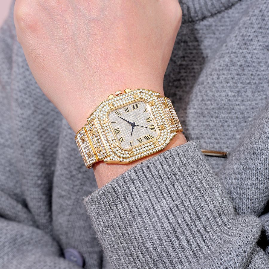 hot selling fashion square diamond-studded roman numeral dial women's quartz watch - silver & gold