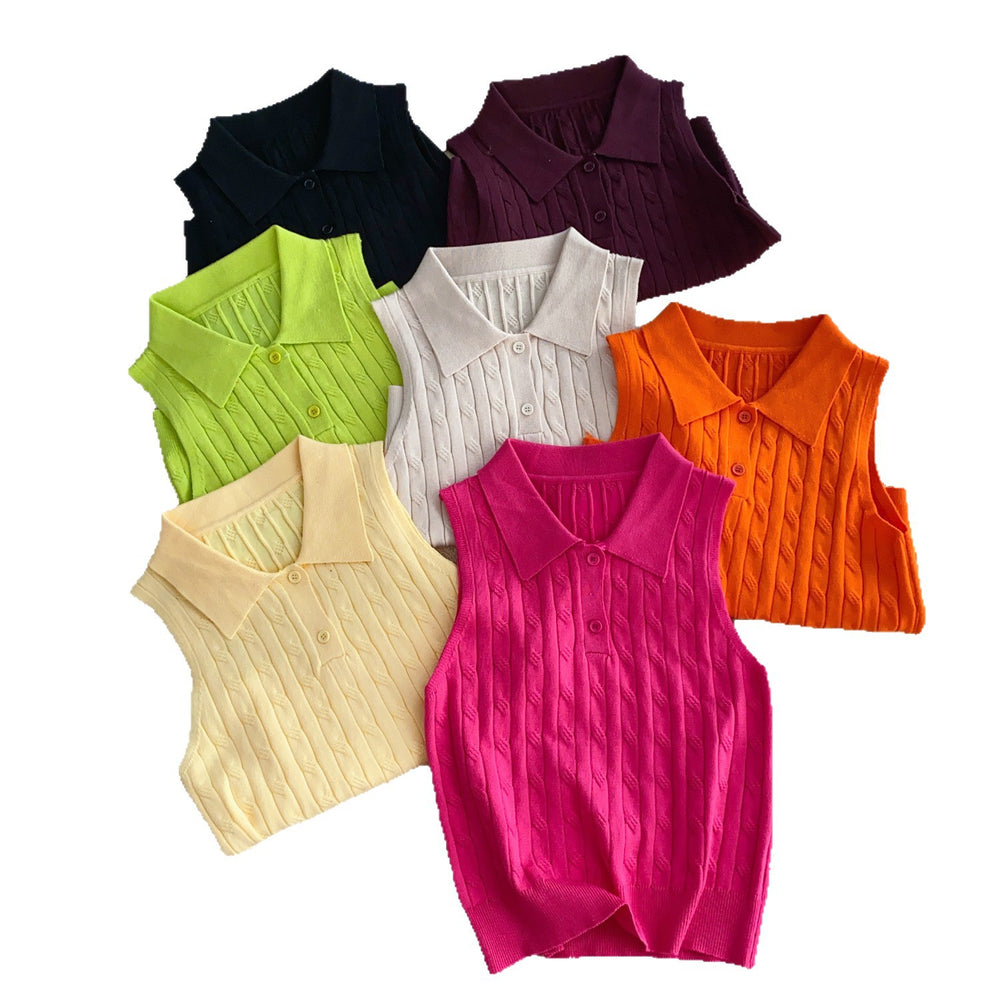 Korean chic summer french style sleeveless knit polo top - slim fit, versatile solid color tank top