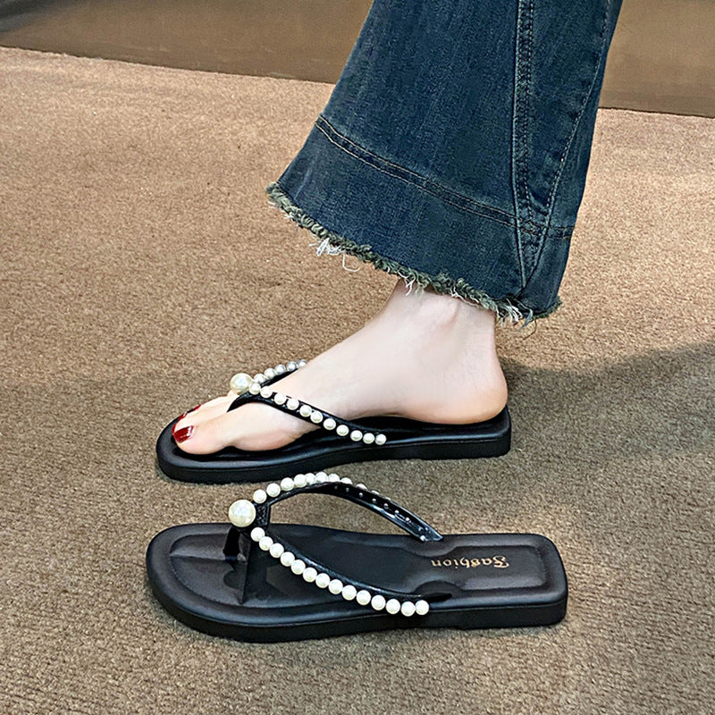Summernew arrivalpure colorfashioneasiest for match pearl flip-flops women's sandals flats low heel classy women's shoes