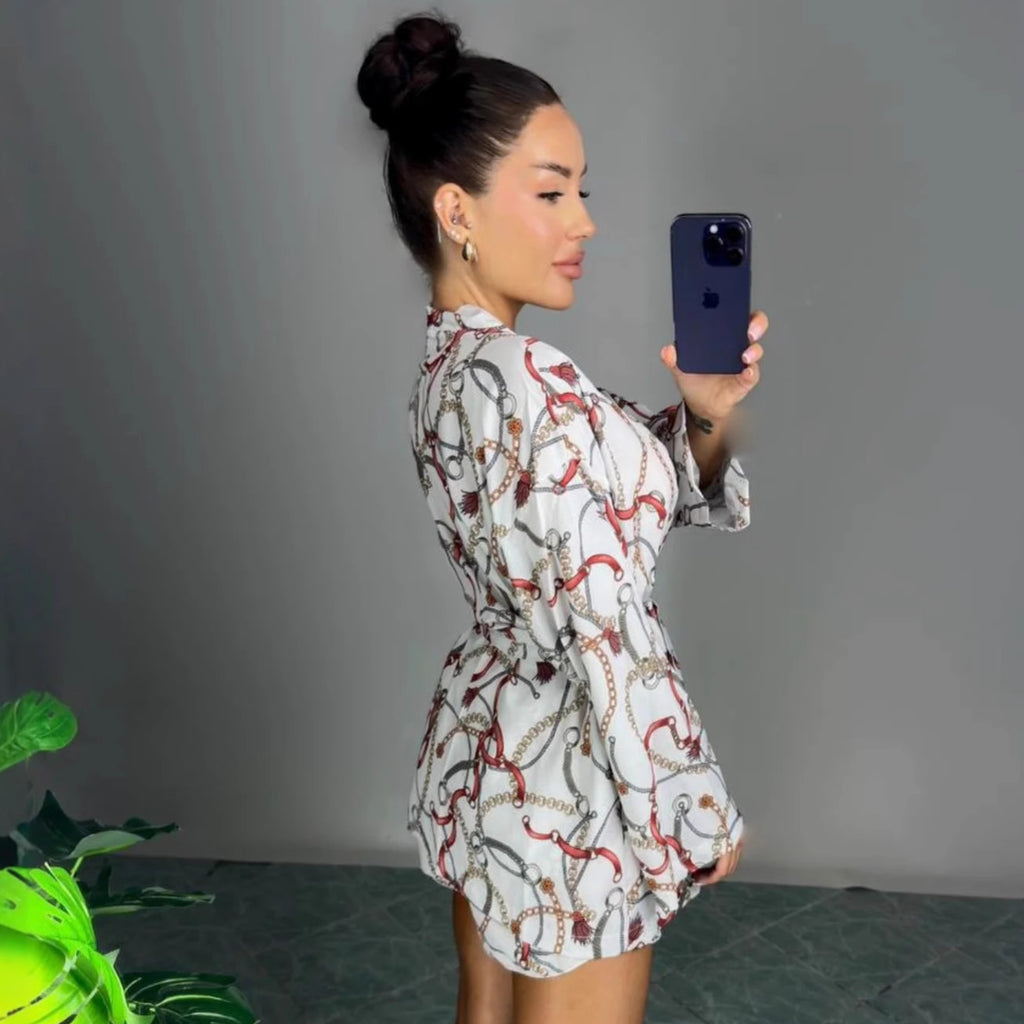 Cross-border European and American sexy deep V-neck long-sleeved cardigan shirt casual shorts women's  temperament foreign style fashion suit