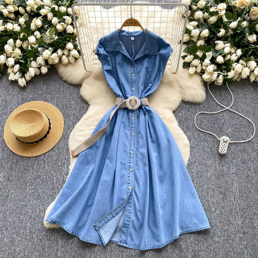 Women's summer dress  new korean style fashion turn-down collar sleeveless single-breasted cinched waist denim shirt maxi dress