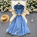Women's summer dress  new korean style fashion turn-down collar sleeveless single-breasted cinched waist denim shirt maxi dress