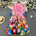 Elegant and chic printed dress for women - summer bubble sleeve tie-waist design, unique and flowy fairy dress