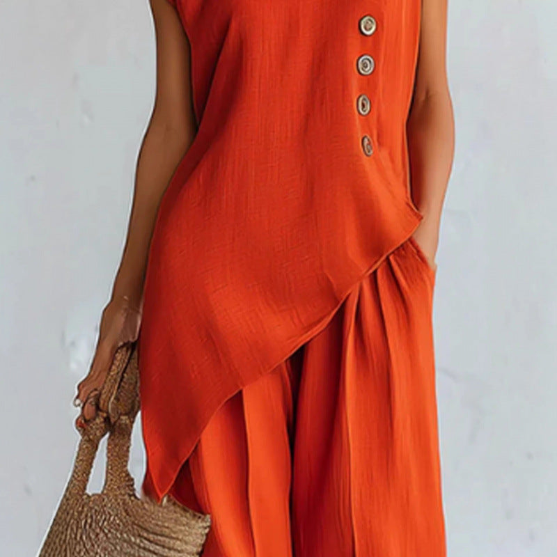 Amazon european fashion casual chic solid color crew neck irregular top & summer casual pants two-piece set
