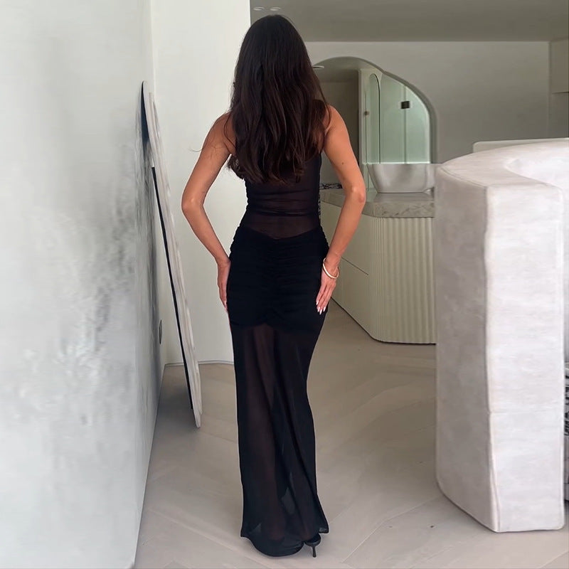 European and american cross-border  summer new arrival: round neck sleeveless mesh elegant mermaid tail ribbon slim-fit bodycon dress for women