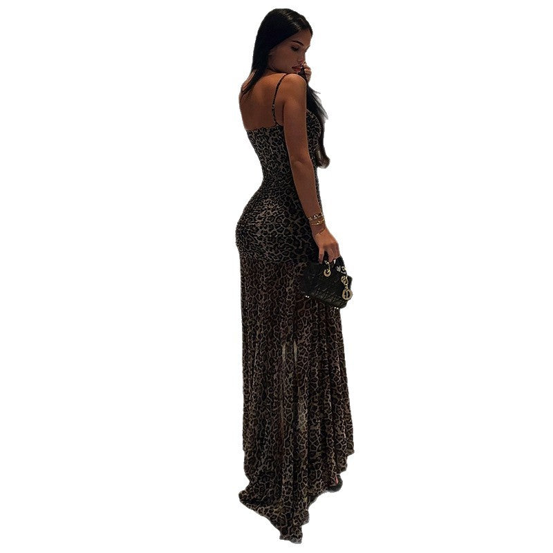 Fashion style cross-border dance party women's silmelegance slit asymmetrical skirt backless suspender chest leopard printdress