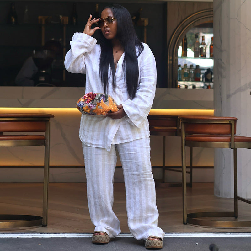 European and american cross-border african women's fashion  autumn new collection: striped v-neck long sleeve shirt and wide-leg pants set