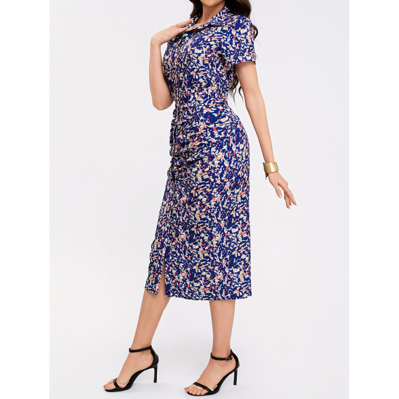 cross-border listing: new  original women's elegant floral print ruched short-sleeve dress