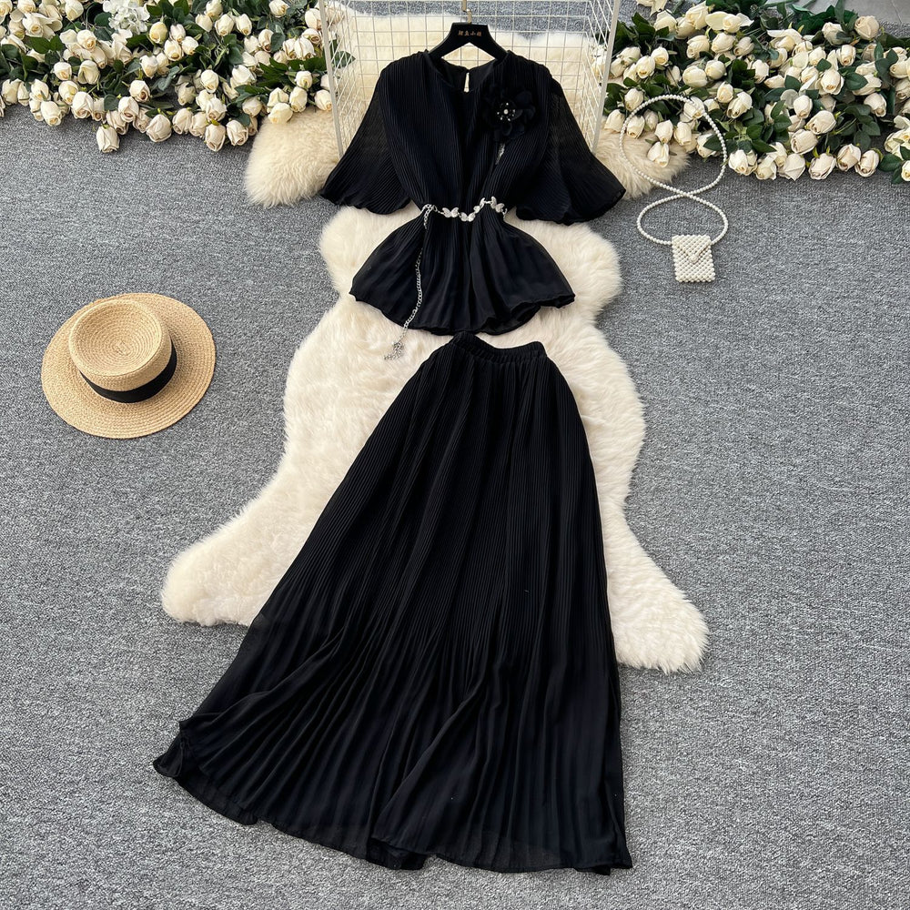 French style women's summer outfit: premium 3d floral tie-waist short-sleeve pleated top + high-waisted midi skirt
