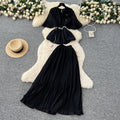 French style women's summer outfit: premium 3d floral tie-waist short-sleeve pleated top + high-waisted midi skirt