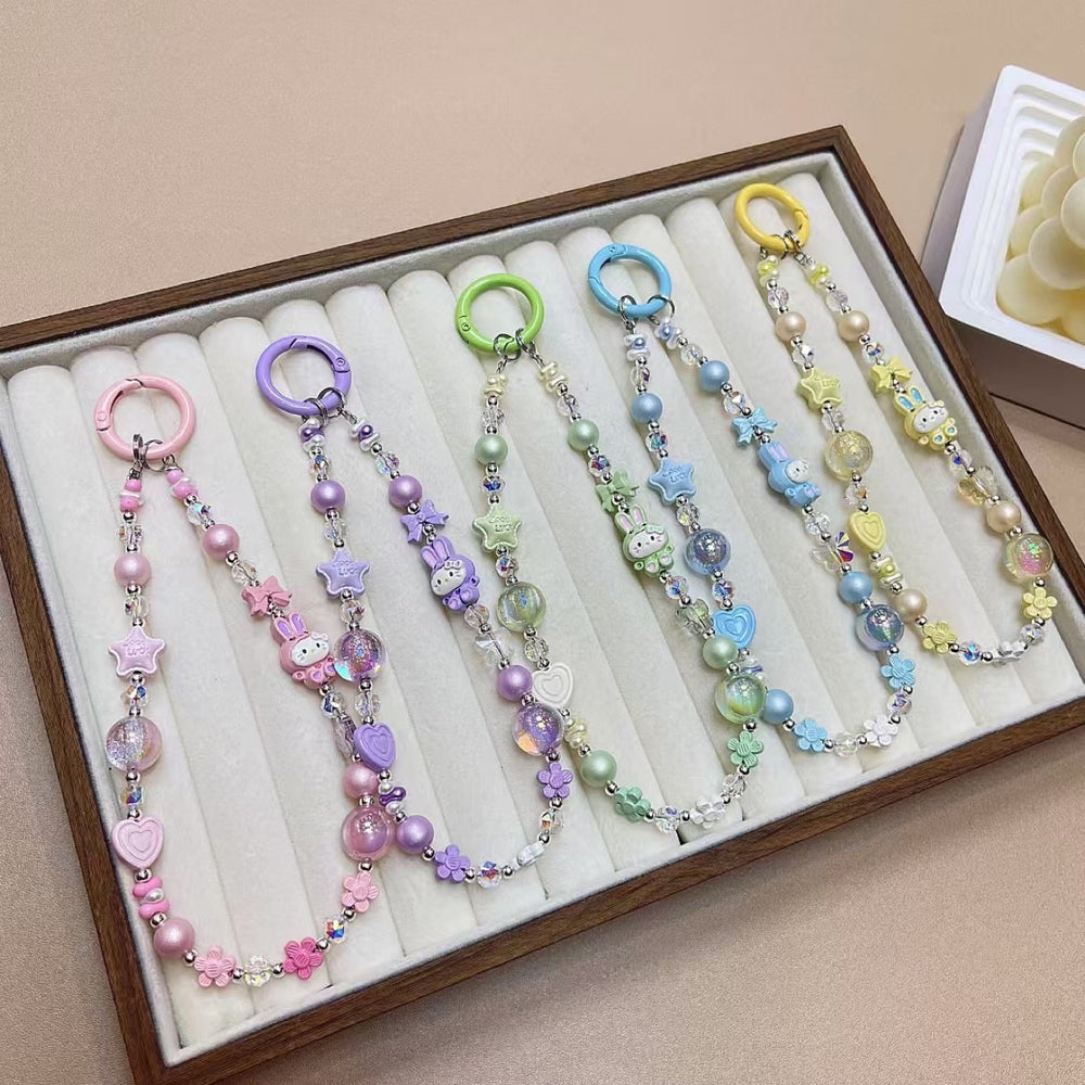 Creative cartoon kt rabbit alloy chain mobile phone lanyard wrist new diy handmade beaded crystal star bag pendant