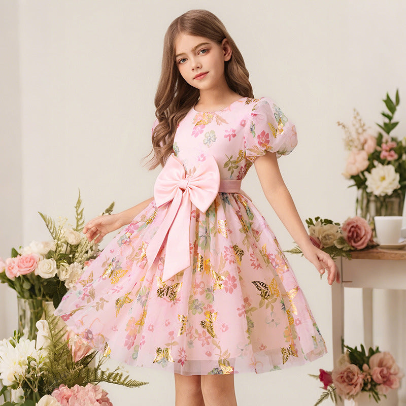 European and american style girls' chic butterfly princess dress - kids' puff sleeve sweet floral sundress for little girls