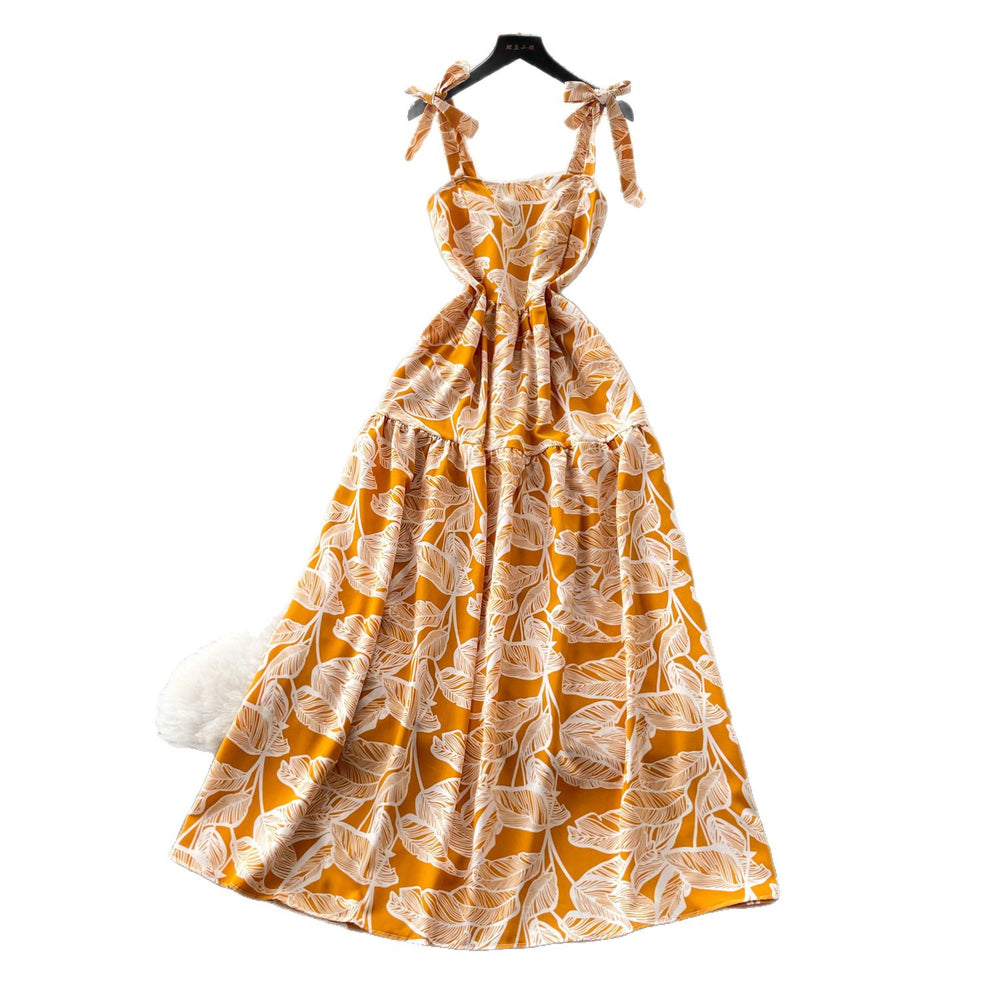 Vacation style printing suspender casual sleeveless dress for women summersense of designhigh waist waist slimming look long skirt yellow