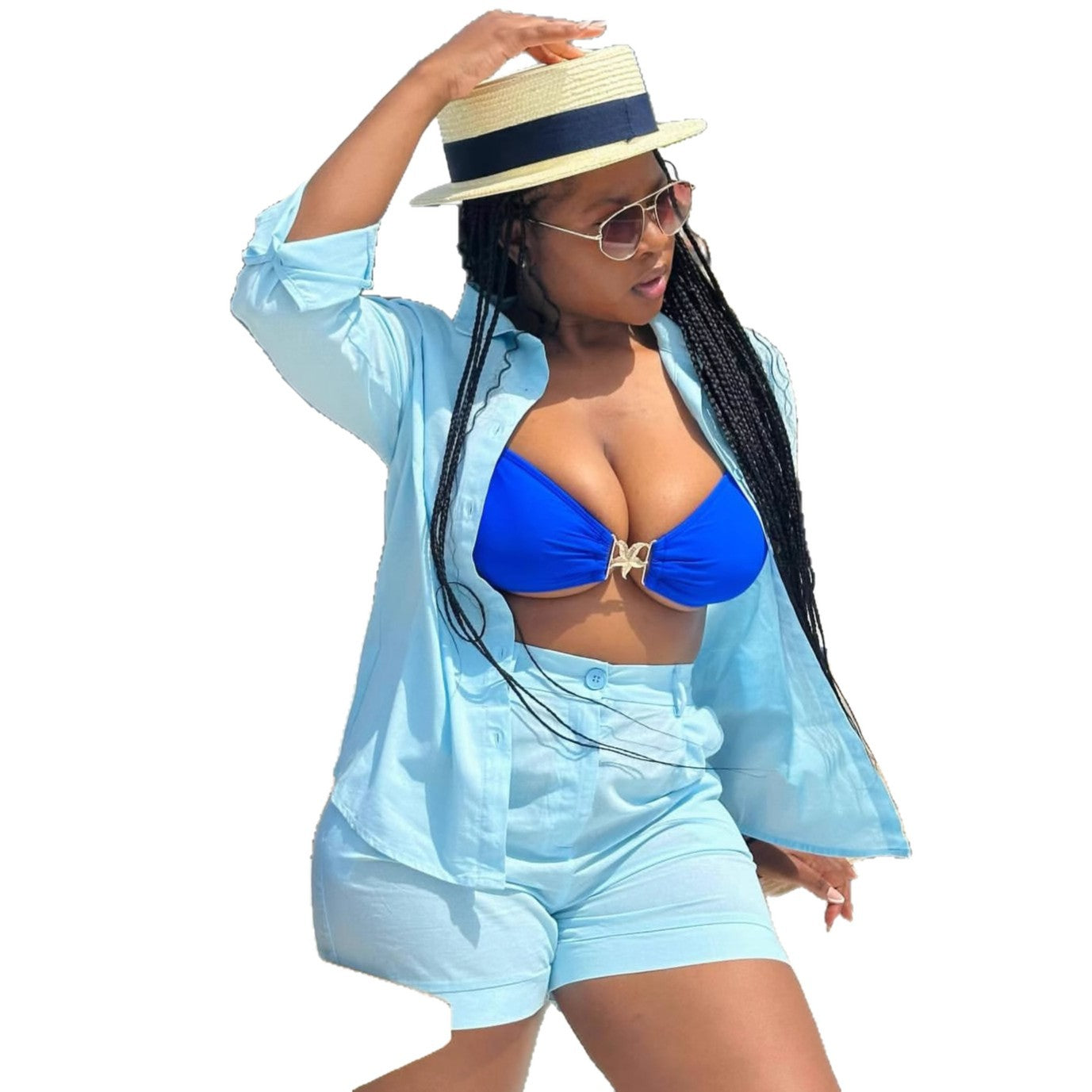 European and American large-size vacation style women's clothing set, solid color long-sleeved cardigan shirt, African casual shorts, new two-piece set