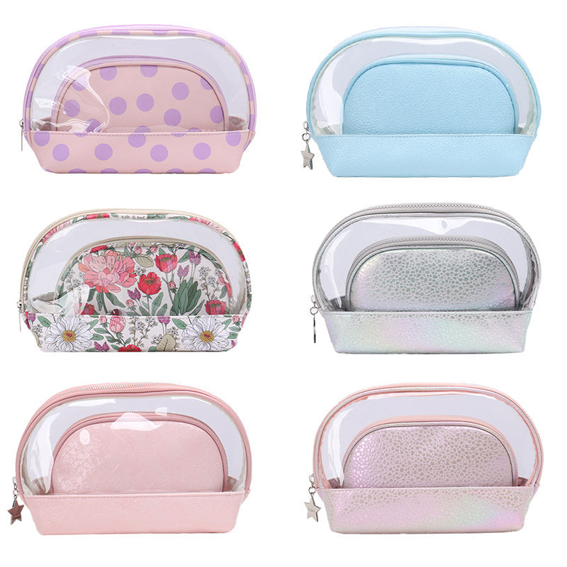 Semi-round PVC two-piece transparent cosmetic bag large-capacity travel portable toilet bag girls cosmetics storage bag