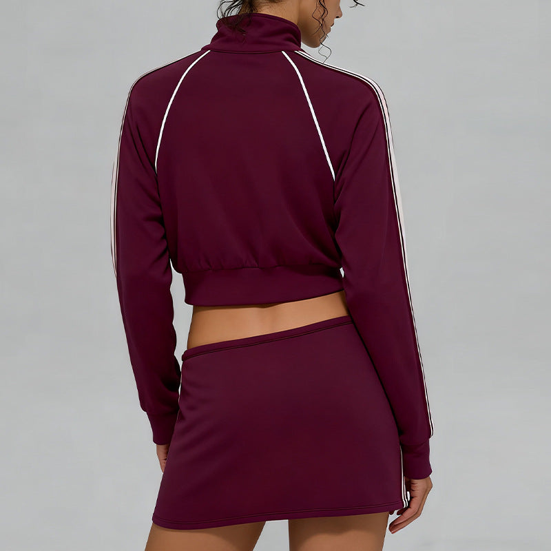 Fall and winternew arrivalmodal air layer sandwiched with white strips breathable stand collar zipper outwear short skirt casual sports suit for women