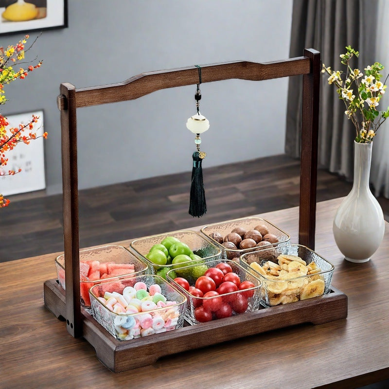 Luxury walnut wood-effect fruit & snack platter - home use, divided compartments, creative dried fruit dish, dessert glass bowl & fruit plate