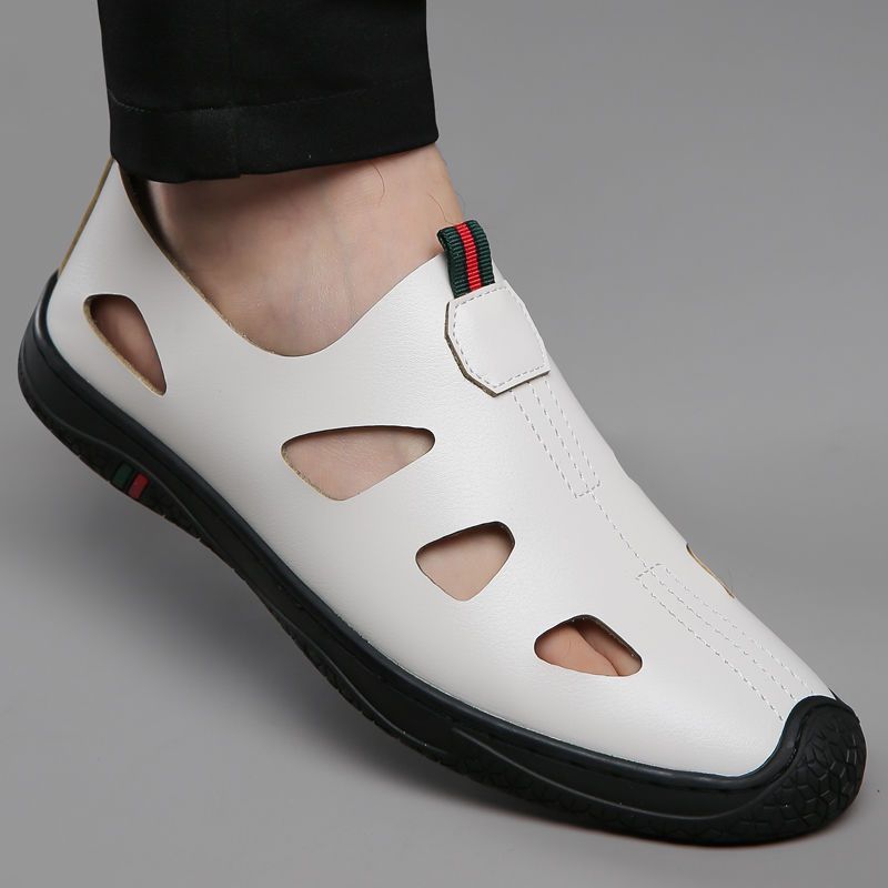 2025 new summer men's soft leather shoes, men's soft sole casual shoes, comfortable breathable perforated leather sandals for men