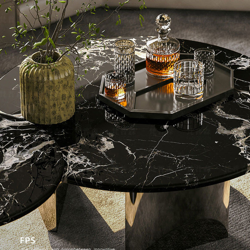 Ready-to-ship marble coffee table - luxury round coffee table with black rose design - natural stone, high-end living room table