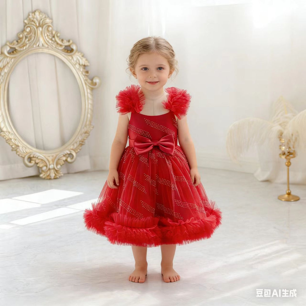 New children's tulle dress birthday party evening gown diamond mesh princess dress diamond kids formal dress 140cm and under