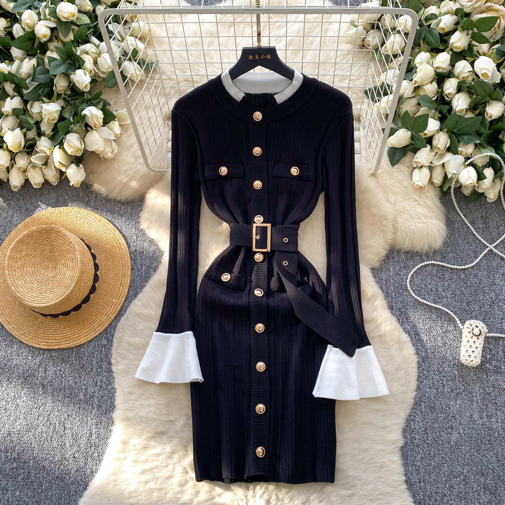 French chic, high-end, color block knit dress with metal buckle tie waist – perfect for autumn and winter
