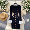 French chic, high-end, color block knit dress with metal buckle tie waist – perfect for autumn and winter