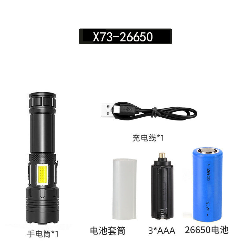 Cross-border new XHP90 + COB strong light flashlight USB charging outdoor zoom side light P160 LED flashlight