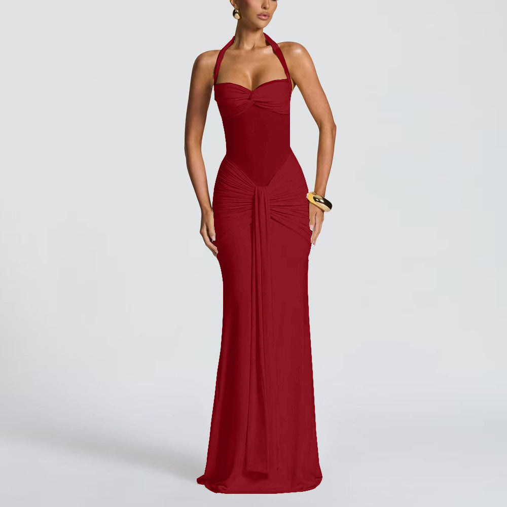 new women's elegant ruched ribbon maxi dress, foreign trade fashion halter neck sexy bodycon dress