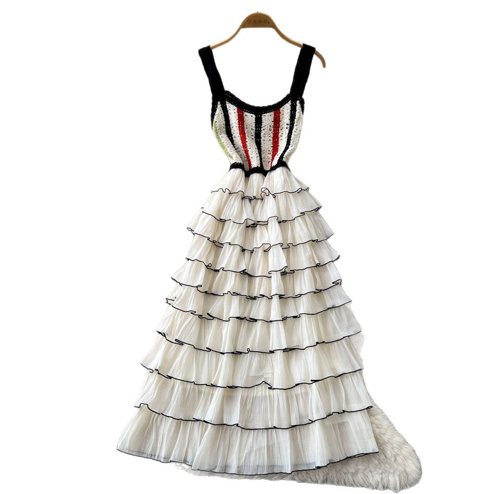 French sleeveless color block tiered cake dress - women's summer high waist slimming layered elegant maxi dress - socialite style