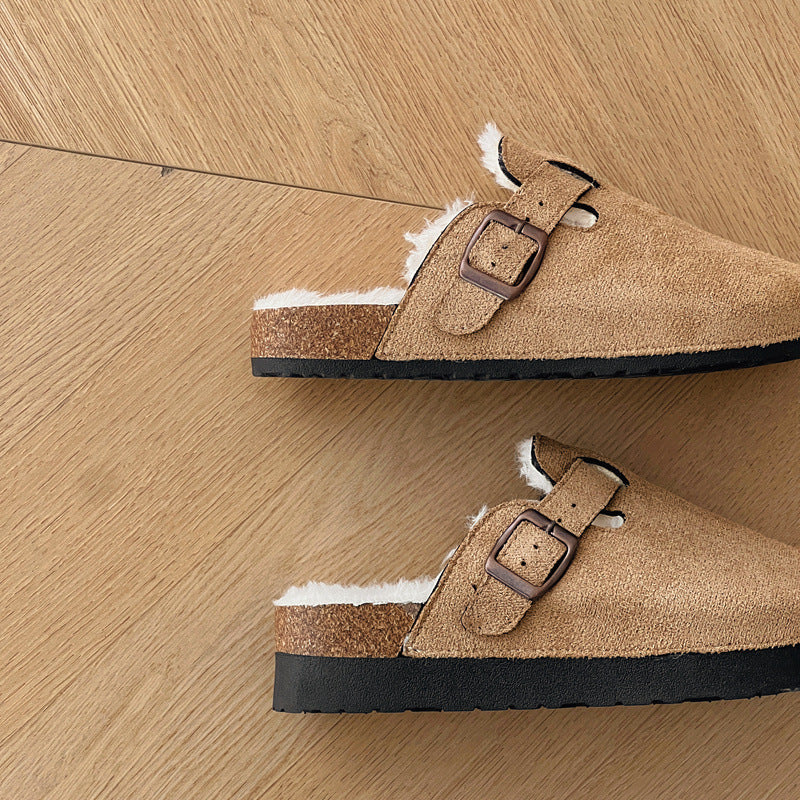 Maomao lazy birkenstock thick sole2024 autumn winternew arrival slip-on slippers fleece-lined birkenstock toe-cap half slippers for women