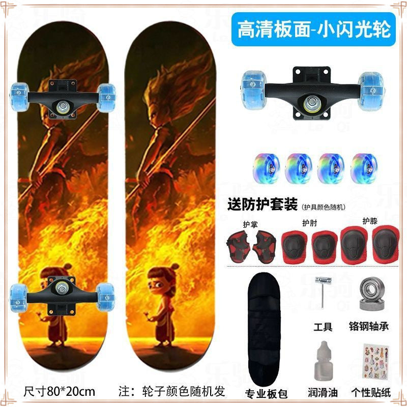 Nezha skateboard beginner children 6-12 years old adolescent adult professional four-wheel skateboard boys and girls flash skateboard