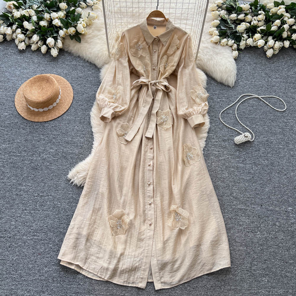 Frenchclassy heavy industry beading stereo flower lapel long sleeves single breasted strap waist elegantdress women