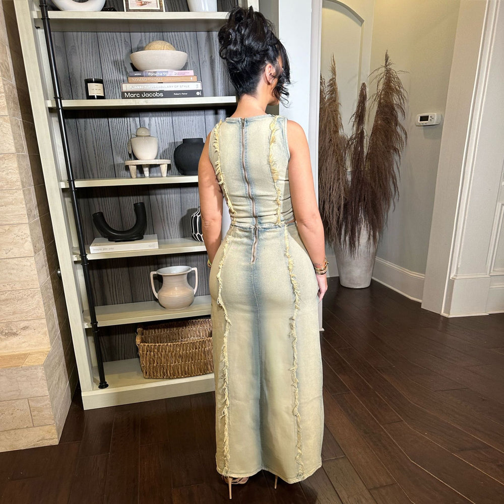 European and american women's denim set - cross-border fashion, trendy & unique hand-worked distressed vest with high-slit denim skirt