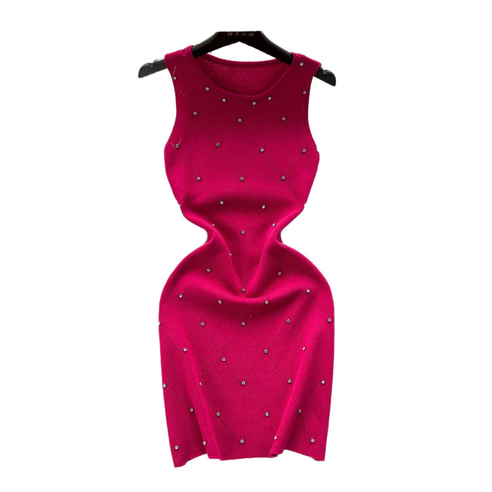 Accessible luxury diamond quiltedknittingdress women's elegant round neck silm short stretch wrap skirt sleeveless vest skirt