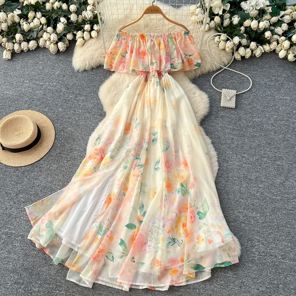 Vacation-style off-the-shoulder ruffle print dress - women's spring/summer korean high-waisted slimming elegant maxi dress