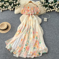 Vacation-style off-the-shoulder ruffle print dress - women's spring/summer korean high-waisted slimming elegant maxi dress
