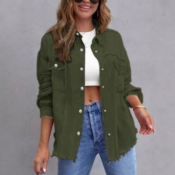 FR870424 European and American   women's breasted lapel jacket autumn and winter versatile pocket denim jacket