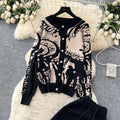 High-end fashionablecontrast colorprinting round neck long sleevesknittingcardigansweater women's high waistloose pantsautumsuit