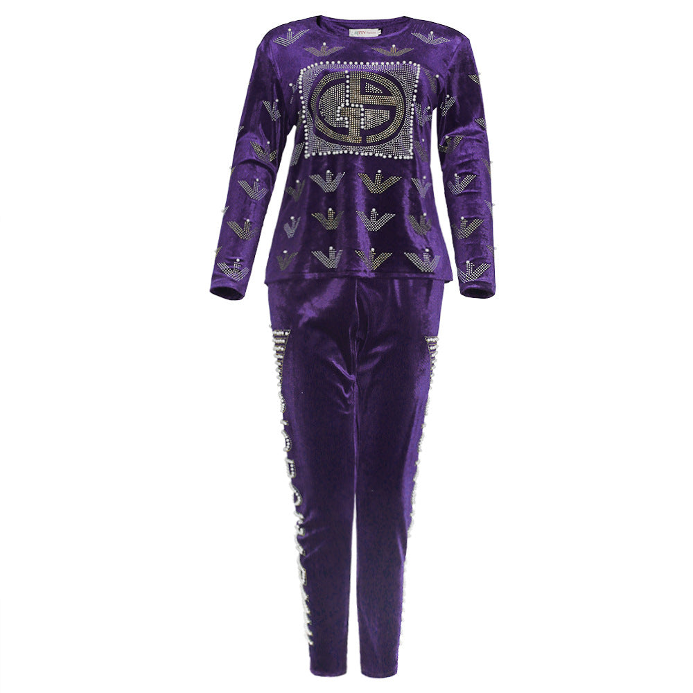 new winter collection: african-inspired hotfix rhinestone & beaded letter long sleeve tee + pencil pants fashion casual two-piece set