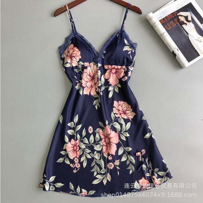 Women's sexy deep v-neck nightgown lace satin sleeveless slip dress lingerie home dress