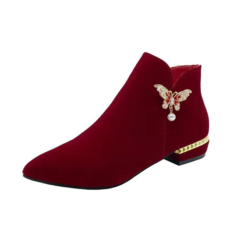 Winter wedding shoes women's burgundy chinoiserie xiuhe wedding dress two wear pearl thick heel bridal shoes fashionbows single boots