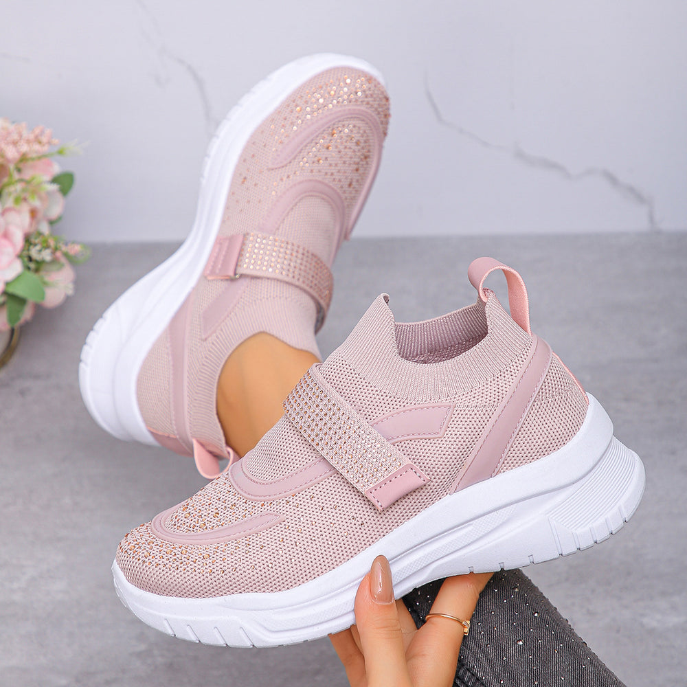Exportplus sizespring & fallnew arrivalfashion rhinestone deep mouth thick sole breathable beaded velcro fly woven sports casual shoes