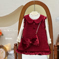 【in stock】girls' dress -  winter new arrival: sweet peter pan collar red fleece-lined vest dress, princess style
